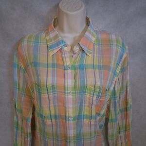 Lauren Ralph Lauren Button Up Shirt Women's 1x Bright Green Plaid Missing Button